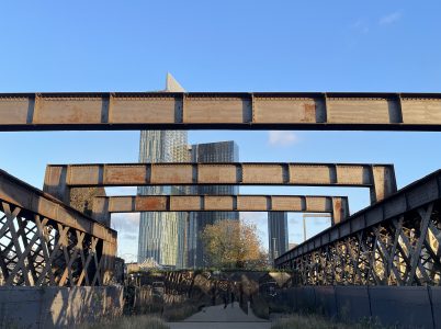 Castlefield viaduct with Manchester high rises in the background.